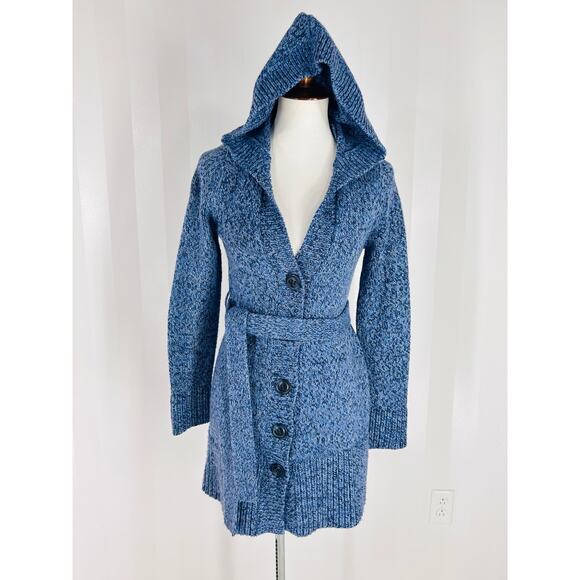 EXPRESS Women’s Blue Hooded Button Up Belted Sweater Sz S - Picture 1 of 11